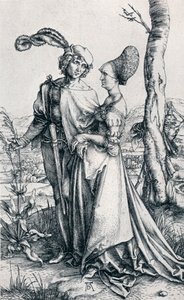 若いカップルは死に脅かされている」または「遊歩道、1495年、1906年」 作： Albrecht Dürer