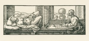 横たわる女性を描く男 作： アルブレヒト・デューラーまたはデューラー