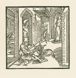 不貞の妻の部屋を出て行く僧侶を見た縄職人 作： Albrecht Dürer or Duerer