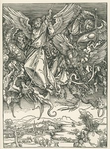 ドラゴンと戦う大天使ミカエル。聖ヨハネの黙示録 1498年頃（木版画） 作： アルブレヒト・デューラーまたはデューラー