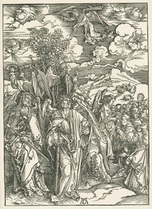風を止める4人の天使と選ばれし者の署名。聖ヨハネの黙示録、1497-98年頃（木版画） 作： アルブレヒト・デューラーまたはデューラー