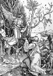 「聖母の生涯」シリーズのヨアヒムと天使、パブ。 1511（木版） 作： Albrecht Dürer