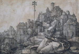 街の前に座る聖アントニウス - アルブレヒト・デューラーによる銅版画 (1471-1528) 作： Albrecht Dürer