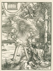 天使から贈られた書物を貪る聖ヨハネ。聖ヨハネの黙示録 1498年頃（木版画） 作： アルブレヒト・デューラーまたはデューラー