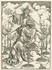 聖ヨハネが見たキリストと七つの燭台。聖ヨハネの黙示録 1496-98年頃（木版画） 作： アルブレヒト・デューラーまたはデューラー