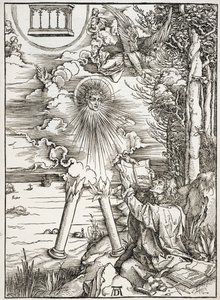 黙示録の一場面、書物をむさぼる聖ヨハネ、ラテン語版 作： Albrecht Dürer
