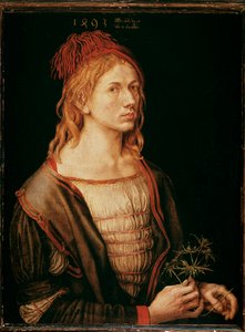 アザミを持つ自画像（絵画、キャンバスに羊皮紙糊 作： Albrecht Dürer