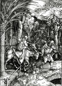 1511年に出版された「聖母の生涯」シリーズの「エジプトへの飛行」（木版画 作： Albrecht Dürer