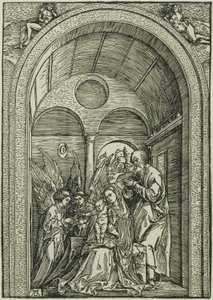 吹き抜けの広間にいる二人の天使と聖家族 作： Albrecht Dürer or Duerer