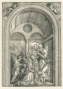 聖家族とポルティコの2人の天使、1503-04年頃（木版画） 作： アルブレヒト・デューラーまたはデューラー
