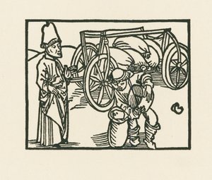 司祭が荷車に袋を載せ、麦を入れる様子（1489-90年頃）（木版画 作： アルブレヒト・デューラーまたはデューラー