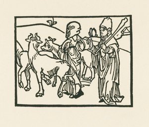 牛を追い出す法衣姿の司祭と、その前を行く侍女 1489-90年頃 （木版画） 作： アルブレヒト・デューラーまたはデューラー