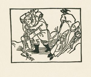 草原に横たわる司祭、空洞の石の上でカラスが鳴いている（1489-90年頃の木版画） 作： アルブレヒト・デューラーまたはデューラー