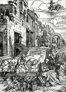 聖母の生涯」シリーズの「エジプトへの飛行中の休息」。 作： Albrecht Dürer