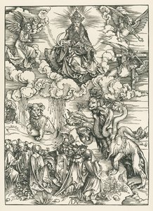 海の怪物と小羊の角を持つ獣。聖ヨハネの黙示録、1496-97年頃（木版画） 作： アルブレヒト・デューラーまたはデューラー