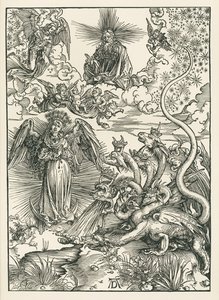 太陽をまとった女と七つの頭を持つ竜。聖ヨハネの黙示録 1497年頃（木版画） 作： アルブレヒト・デューラーまたはデューラー