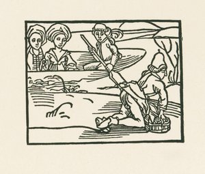 公爵夫人がボートに乗り、司祭が下着を洗っている水上、1489-90年頃（木版画） 作： アルブレヒト・デューラーまたはデューラー