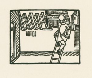 教会の聖歌隊の屋根を葺く農民と、屋根のないままの身廊（1486-90年頃の木版画）