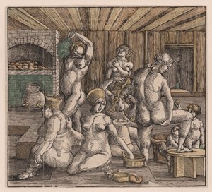 デュエラー、アルブレヒト（1471-1528）の「女風呂」。木版画、水彩画、1500年頃。寸法。21,8x23,9 cm。個人蔵 作： Albrecht Dürer