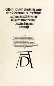 Hierinn sind begriffen vier bücher von menschlicher Proportion "のデュラーの木版モノグラムが描かれたタイトルページ。