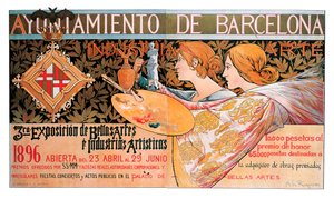 1896 年にバルセロナで開催された第 3 回「美術と芸術産業の博覧会」のポスター - アレクサンドル デ リケル イ イングラーダ (1856-1920) によるリトグラフ 作： Alejandro de Riquer