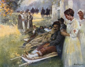 First Aid」：第一次世界大戦中、フランスのドレッシングステーションでの負傷兵とその看護師
