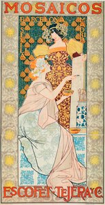 ブランド「Escofet, Tejera y Cia」のタイルの広告 - アレクサンドル・デ・リケル・イ・イングラーダ (1856-1920) によるリトグラフ 作： Alejandro de Riquer