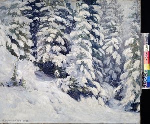 冬の森。 Alexander Alexeyevich Borisov (1866-1934) による絵画。 キャンバスに油彩、78 x 90 cm 作： Aleksandr Alekseevich Borisov