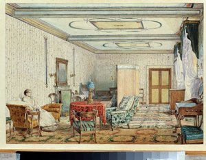 インテリア（インテリア）。 Alexander Andreyevich Ivanov (1806-1858) の作品、紙に水彩と白、19 世紀のロシアの芸術。 国立美術館、ニジニ・ノヴゴロド（ロシア）