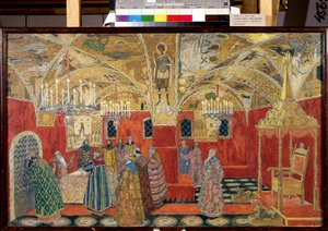 クレムリンで。 モデスト・ムソルグスキー（1839-1881）によるオペラ「ボリス・ゴドゥノフ」の準備図（クレムリンにて。M.ムソルグスキーによるオペラ「ボリス・ゴドゥノフ」のセットデザイン）。 Alexander Yakovlevich Golovin (Alexander Golovin) (1863-1930) の作品、水彩、