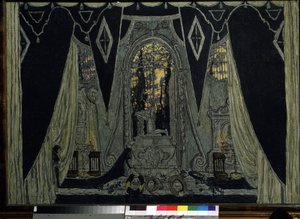 Alexandre Dargomyjski (1813-1869) によるオペラ「石の客」の装飾 (A. Dargomyzhsky によるオペラ「石の客」の舞台デザイン)。 Alexander Yakovlevich Golovin (Alexander Golovin) (1863-1930) の作品、木に油彩