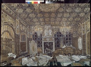 ウィリアム・シェイクスピア (1564-1616) の作品「オセロ」の装飾準備 (ウィリアム・シェイクスピアによる劇「オセロ」の舞台デザイン) - Peinture de Alexander Yakovlevich Golovin (Alexandre Golovine) (1863-1930)、tempera sur bois 作： Aleksandr Jakovlevic Golovin