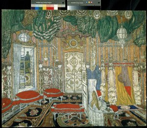 ピエール オーギュスタン キャロン ド ボーマルシェ (1732-1799) による演劇「フィガロの結婚」の準備装飾 (P. ド ボーマルシェによる演劇「フィガロの結婚」の舞台デザイン)。 Alexander Yakovlevich Golovin（Alexander Golによる絵画