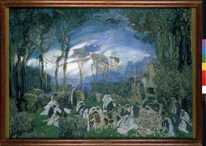 Christoph Willibald Gluck (1714-1787) によるオペラ Orpheo et Eurydice の準備装飾 (Ch. Gluck による Opera Orpheo and Euridice の舞台デザイン)。 Alexander Yakovlevich Golovin (Alexandre Golovine) (1863-1930) の作品、キャンバスにグワッシュとパステル 作： Aleksandr Jakovlevic Golovin