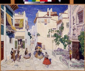 Une rue a Seville (スペイン)、ジョルジュ ビゼー (1838-1875) によるオペラ カルメンの装飾 (セビリアの通り、G.ビゼーによるオペラ カルメンの舞台デザイン)。 Alexander Yakovlevich Golovin (Alexander Golovin) (1863-1930) の作品、紙にテンペラ
