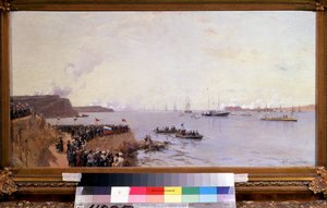 ロシア皇帝アレクサンドル 3 世 (1845-1894) のセバストポリへの到着 (皇帝アレクサンドル 3 世のセバストポリへの到着)。 Alexander Karlovich Beggrov（1841-1914）による絵画。 キャンバスに油彩、40 x 85 cm 作： Aleksandr Karlovich Beggrov
