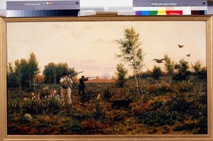 ブラックコック射撃。 狩猟シーン。 Alexei Danilovich Kivshenko (1851-1895) の絵画、キャンバスに油彩 作： Aleksei Danilovich Kivshenko