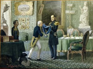 ロシア皇帝ニコラス 1 世 (1796 ～ 1855 年) は、ミハイル スペランスキー伯爵 (1772 ～ 1839 年) に聖アンドレ勲章のブルー リボンを贈呈しました。 （皇帝ニコラス1世はミハイル・スペランスキーを数えるために聖アンドリュー勲章のブルーリボンを授与します）。 アレクセイ・ダニロビッチの作品 作： Aleksei Danilovich Kivshenko