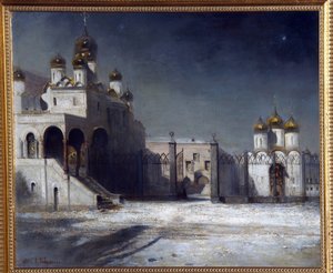 夜のモスクワ クレムリンの大聖堂広場。 (夜のモスクワ クレムリンの大聖堂広場)。 Alexei Kondratyevich Savrasov（Savrasov）（1830-1897）による絵画、キャンバスに油彩 作： Alexei Kondratjewitsch Sawrassow
