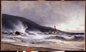 Ecume a Cap Martin (フランス) (Cap Martin でサーフィン)。 Alexei Petrovich Bogolyubov (Bogoliubov または Bogolioubov) (1824-1896) による絵画。 キャンバスに油彩 作： Aleksei Petrovich Bogolyubov