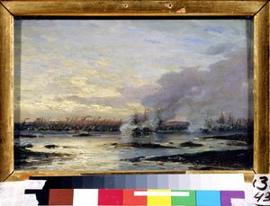 大北方戦争 (1700-1721): 「1714 年 8 月 7 日のスウェーデン艦隊に対するロシア艦隊 (ガングート胸当てを含む) の勝利を見たガングートの戦い」" ) (1824-1896) 1876 ステート A 作： Aleksei Petrovich Bogolyubov