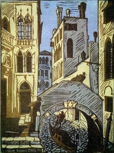 ヴェネツィア、イタリア (ベニス)。 運河、ゴンドラ、橋、街のファサード。 Alexei Ilyich Kravchenko (1889-1940) の作品、木版画。 ロシアの芸術、19 ～ 20 世紀の風景。 国立トレチャコフ美術館、モスクワ。 （ロシア）。 作： Aleksey Kravchenko