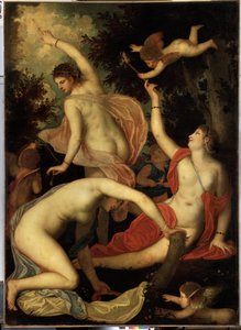 グレイセスとキューピッド（グレイセスとキューピッド）。 Il Padovanino (1588-1649) として知られる Alessandro Varotari による絵画。 ヴェネツィア芸術、マニエリスム。 キャンバスに油彩。 エルミタージュ美術館、サンクトペテルブルク 作： Alessandro Varotari