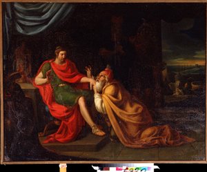 プリアモスとアキレス。 トロイア戦争の登場人物のシーン。 Il Padovanino (1588-1649) として知られる Alessandro Varotari による絵画。 キャンバスに油彩。 ベネチアン アート、バロック様式。 極東美術館、ハバロフスク、ロシア。 作： Alessandro Varotari