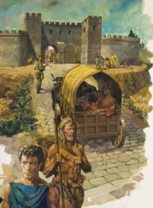 ローマン・ブリテンの城壁に囲まれた町に入る荷車（紙にグワッシュ） 作： アレッサンドロ・ビフィナンディ