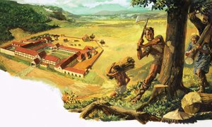 下の集落に運ばれる薪を割る正体不明の男。 作： アレッサンドロ・ビフィナンディ