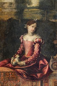 貴婦人の肖像画、貴婦人の小部屋の詳細 (壁に接着されたキャンバスに油彩) 作： Alessandro Bonvicino Moretto
