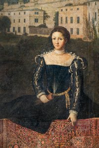 貴婦人の肖像画、貴婦人の小部屋の詳細 (壁に接着されたキャンバスに油彩) 作： Alessandro Bonvicino Moretto