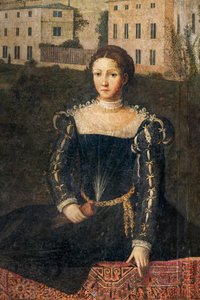貴婦人の肖像画、貴婦人の小部屋の詳細 (壁に接着されたキャンバスに油彩) 作： Alessandro Bonvicino Moretto
