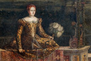 貴婦人の肖像画、貴婦人の小部屋の詳細 (壁に接着されたキャンバスに油彩) 作： Alessandro Bonvicino Moretto